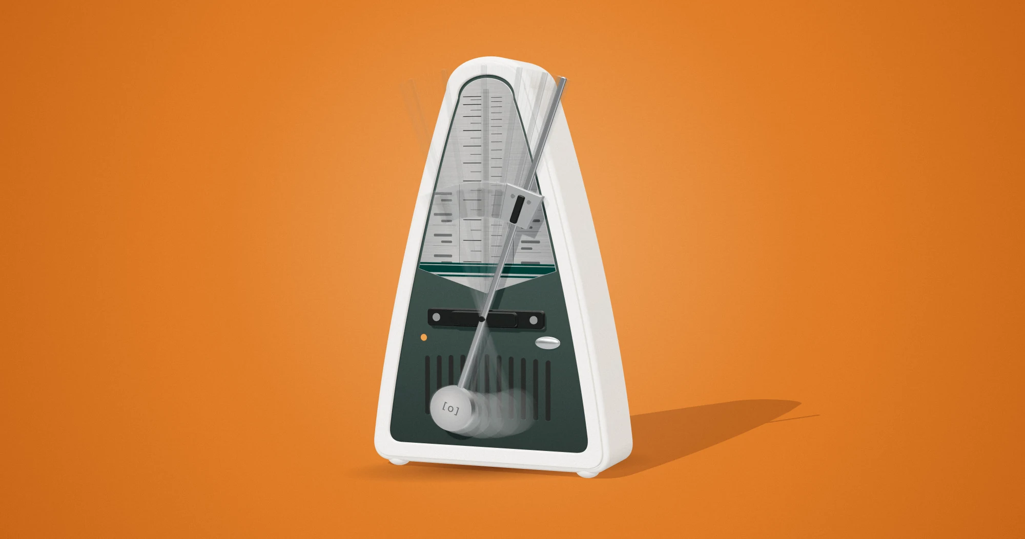 A modern cream metronome, turned slightly, on an orange background. Its pendulum is mid-swing, with a trail of translucent copies showing the motion. The weight at the bottom of the pendulum carries the Ovrture [o] mark.