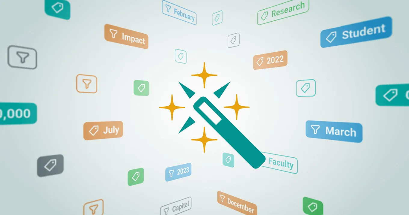 Illustration of a magic wand among floating filter and tag labels such as Impact, Student, Faculty, Research, March and 2022