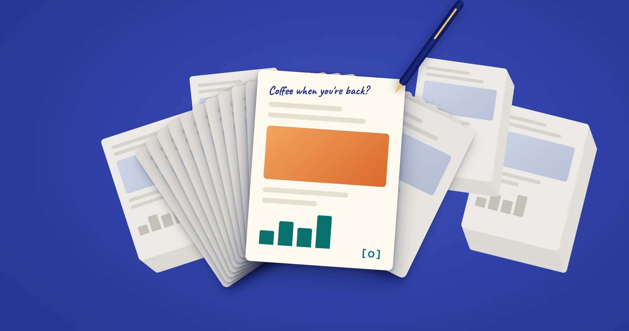 Dozens of identical gray donor reports fanned and stacked on a blue surface. In front, one warm cream report in color carries a handwritten note, “Coffee when you’re back?”, with a pen beside it.