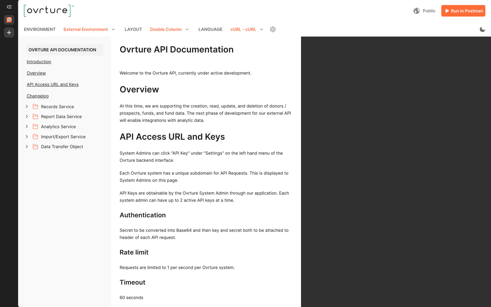 The Ovrture API documentation, generated by Postman, showing the introduction, overview, access URL and keys, authentication, rate limit and timeout sections