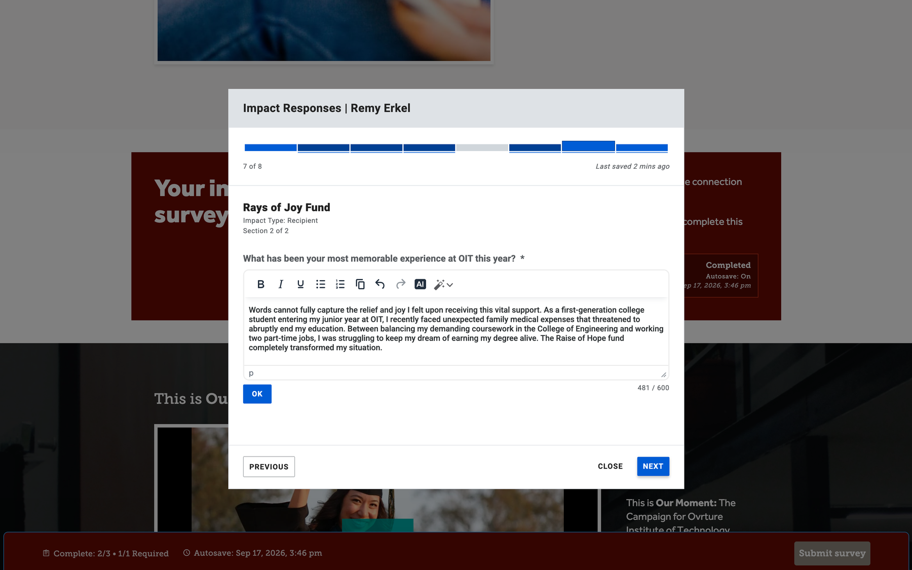 Ovrture impact survey open as a layer over the donor microsite: a recipient answering what their most memorable experience was, autosave and progress shown