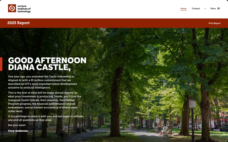 Diana Castle's 2025 report from the Ovrture Institute of Technology, opening on a personal greeting over a campus photo