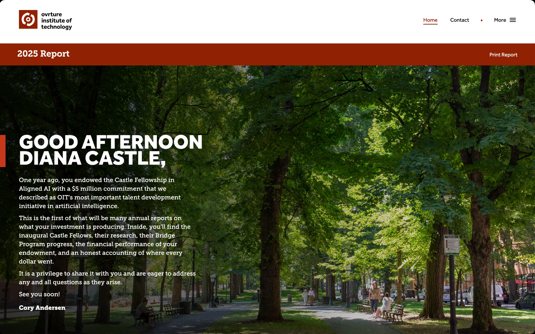 Donor website hero: a personalized annual report greeting for the donor over a campus photo