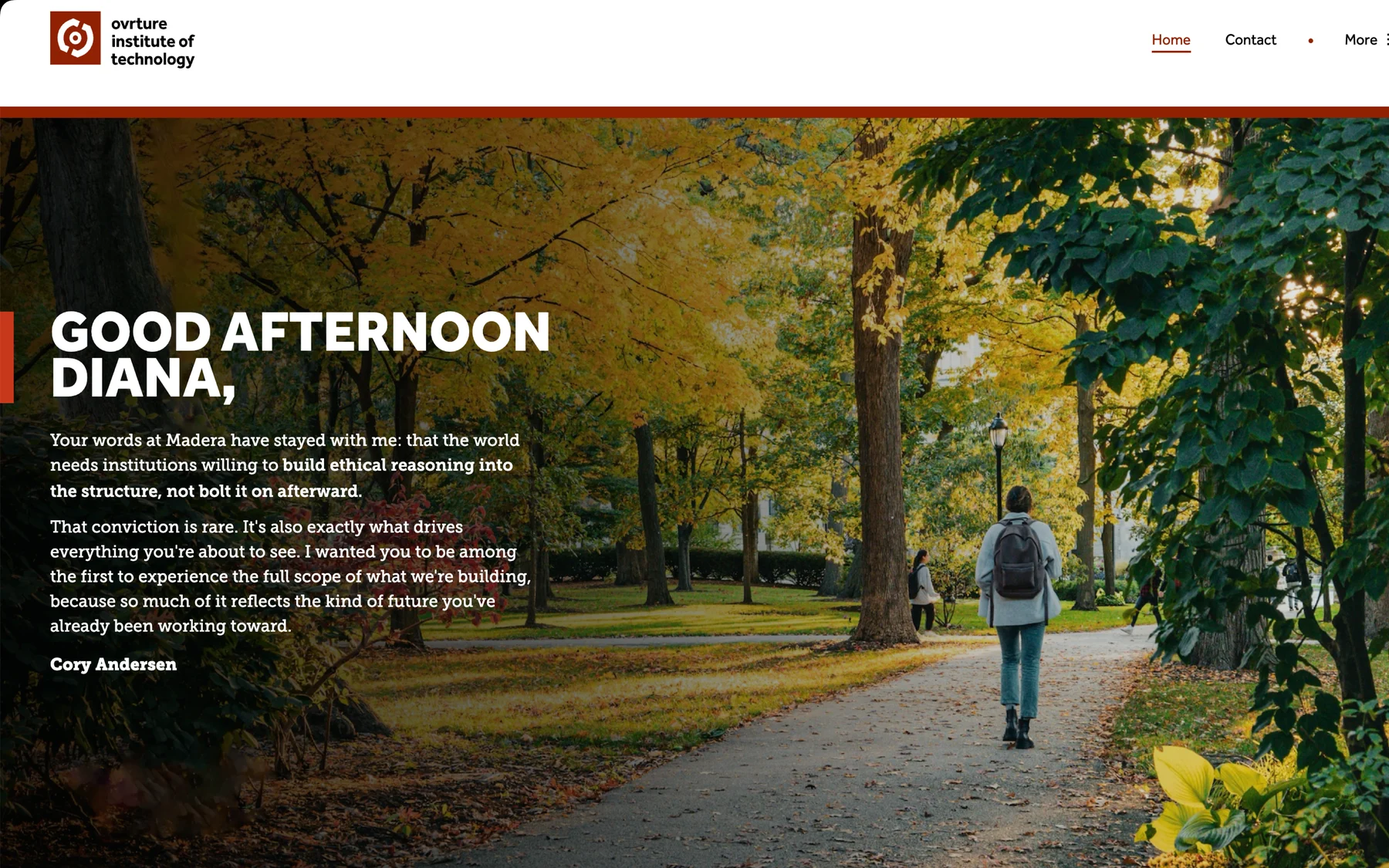 Donor website hero: a personalized greeting for the donor over a campus photo