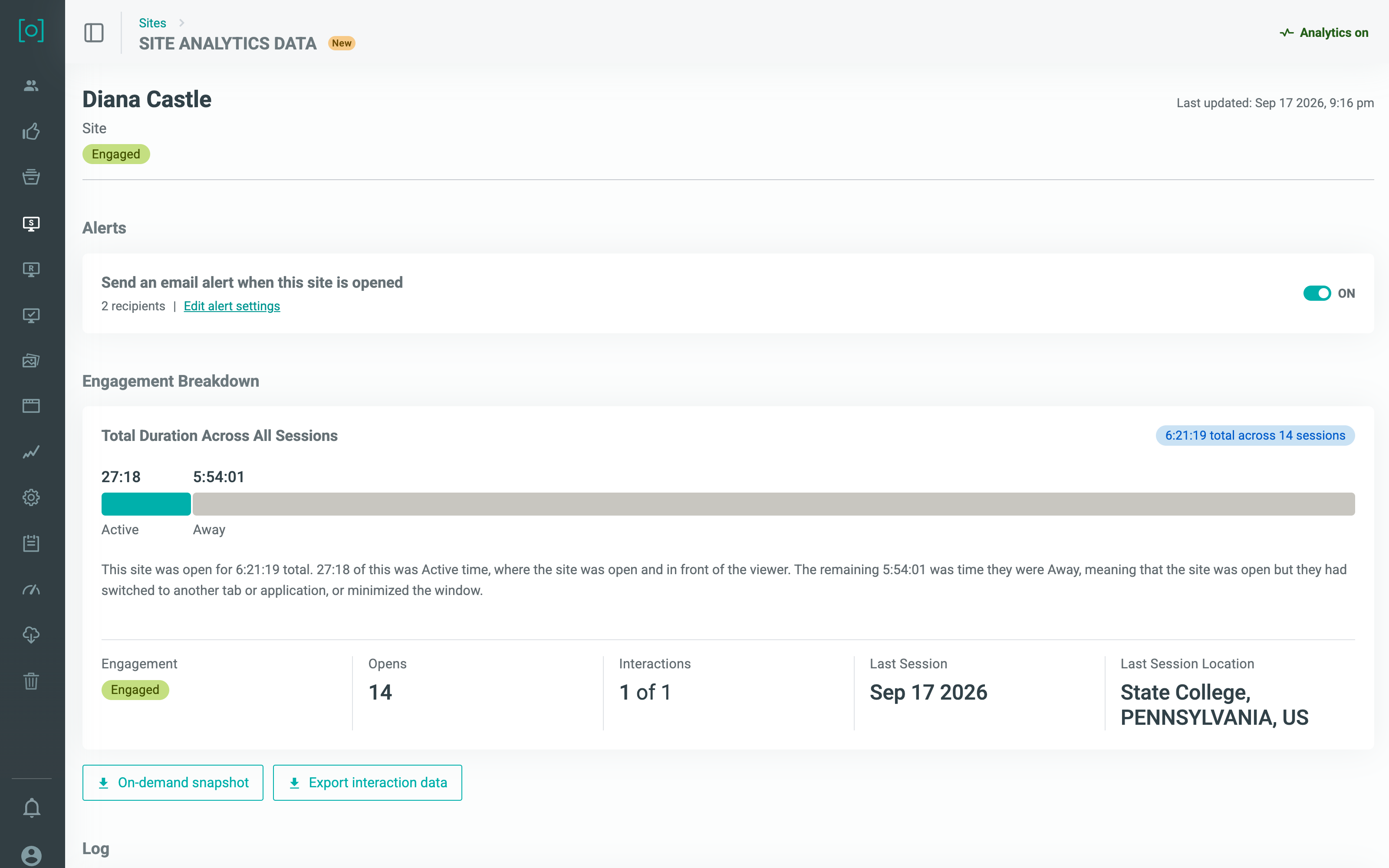 Donor site analytics: engagement status, total session duration, active vs. away time, opens and last session location for one donor