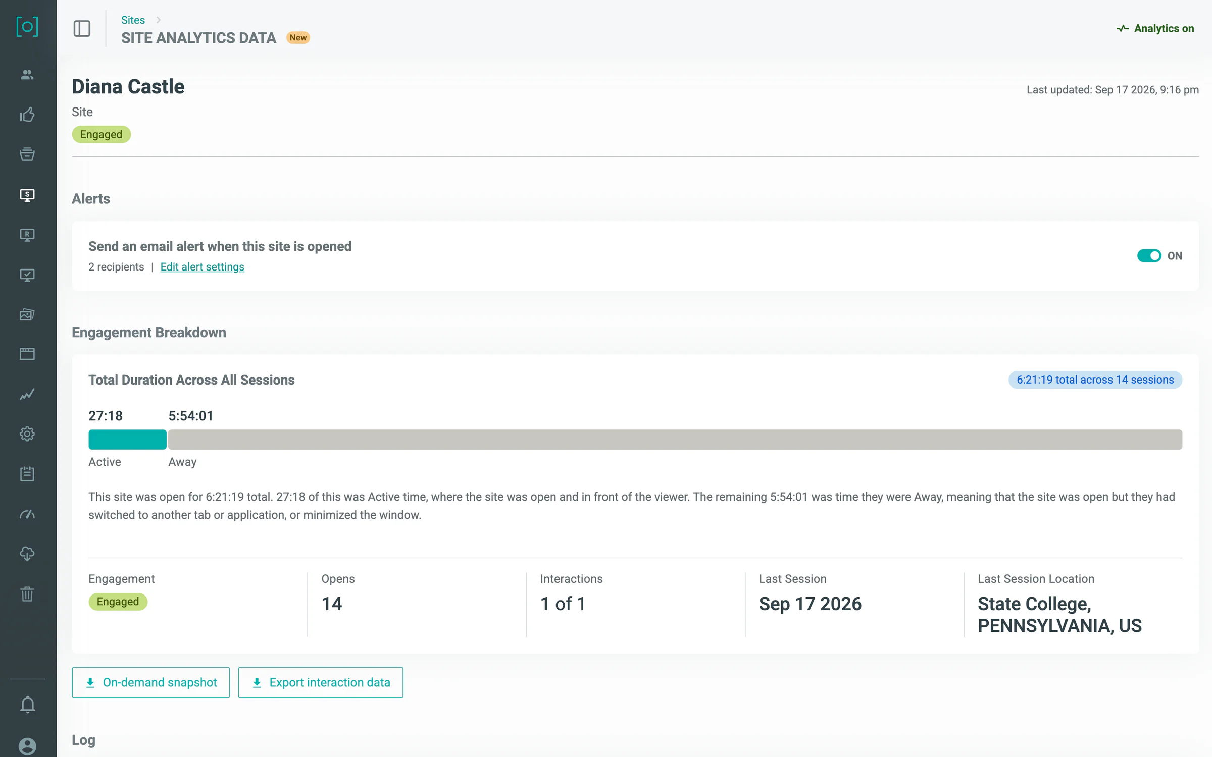 Donor site analytics: engagement status, total session duration, active vs. away time, opens and last session location for one donor