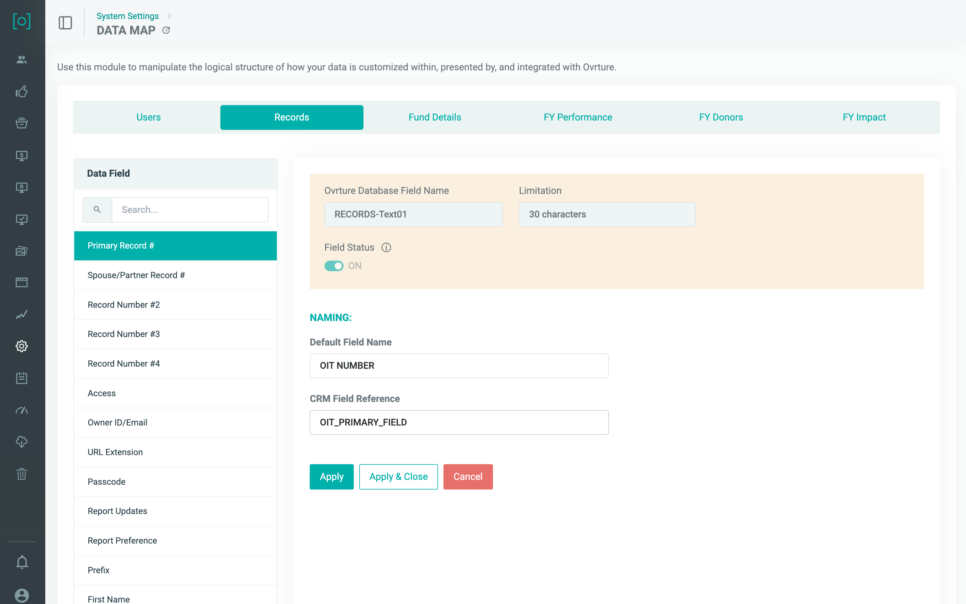 Ovrture Data Map settings for the Primary Record field: database field name, character limit, field status, and default naming