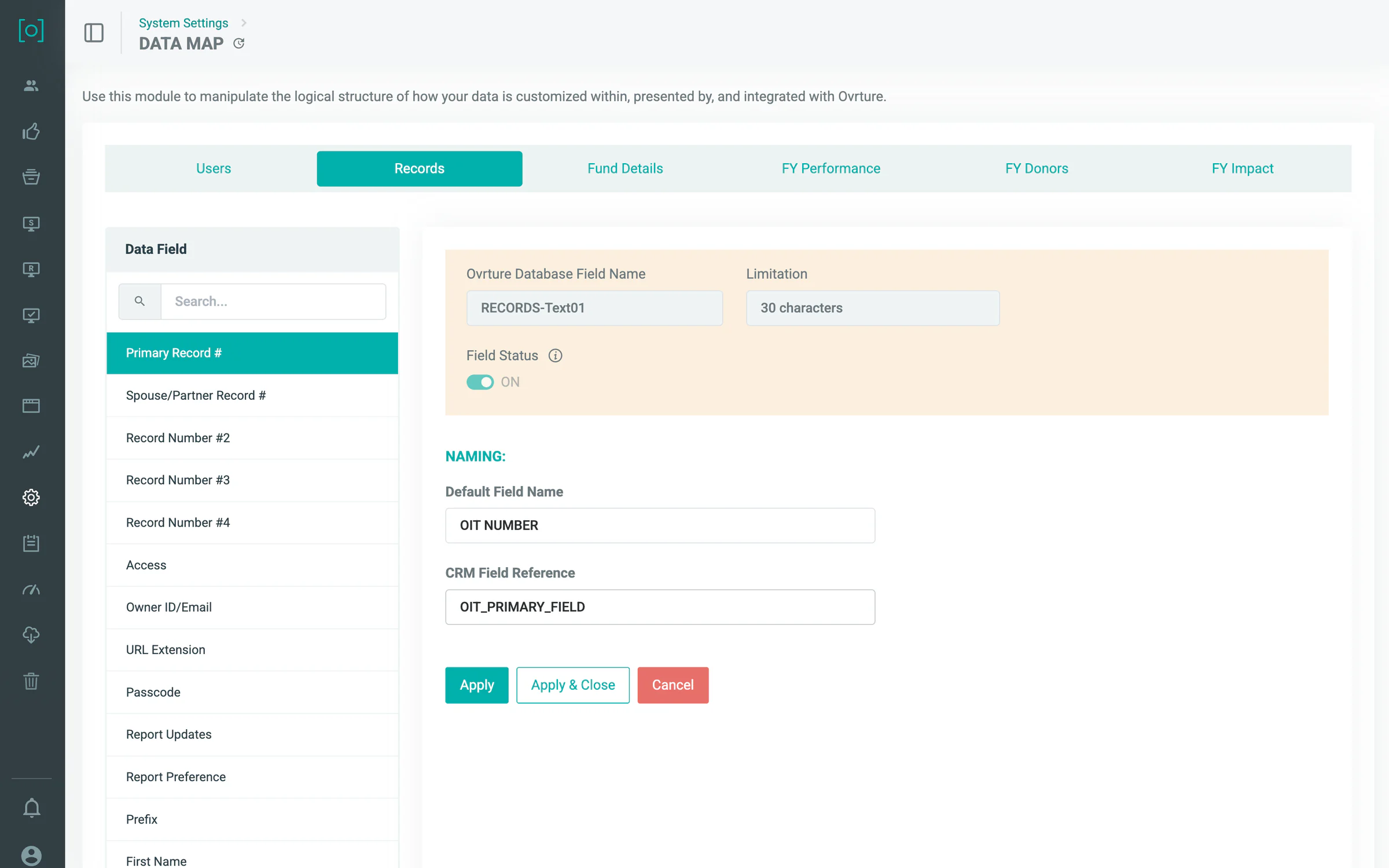 Ovrture Data Map settings for the Primary Record field: database field name, character limit, field status, and default naming