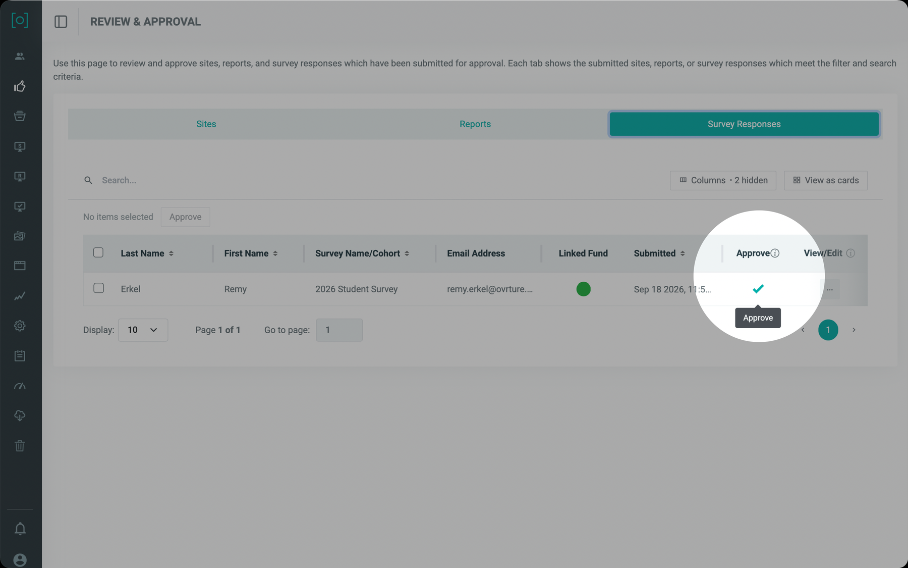 Review and Approval screen, Survey Responses tab: a submitted 2026 Student Survey response awaiting approval, with the Approve control highlighted