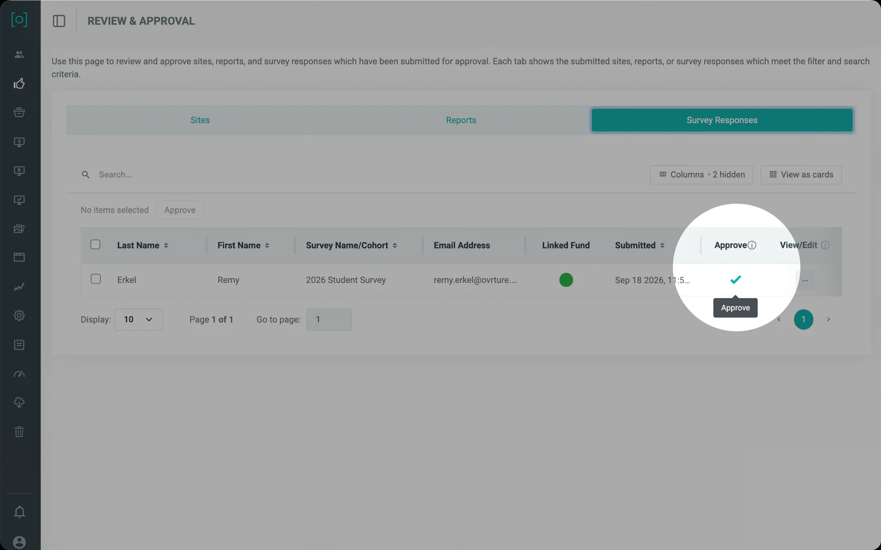 Review and Approval screen, Survey Responses tab: a submitted 2026 Student Survey response awaiting approval, with the Approve control highlighted