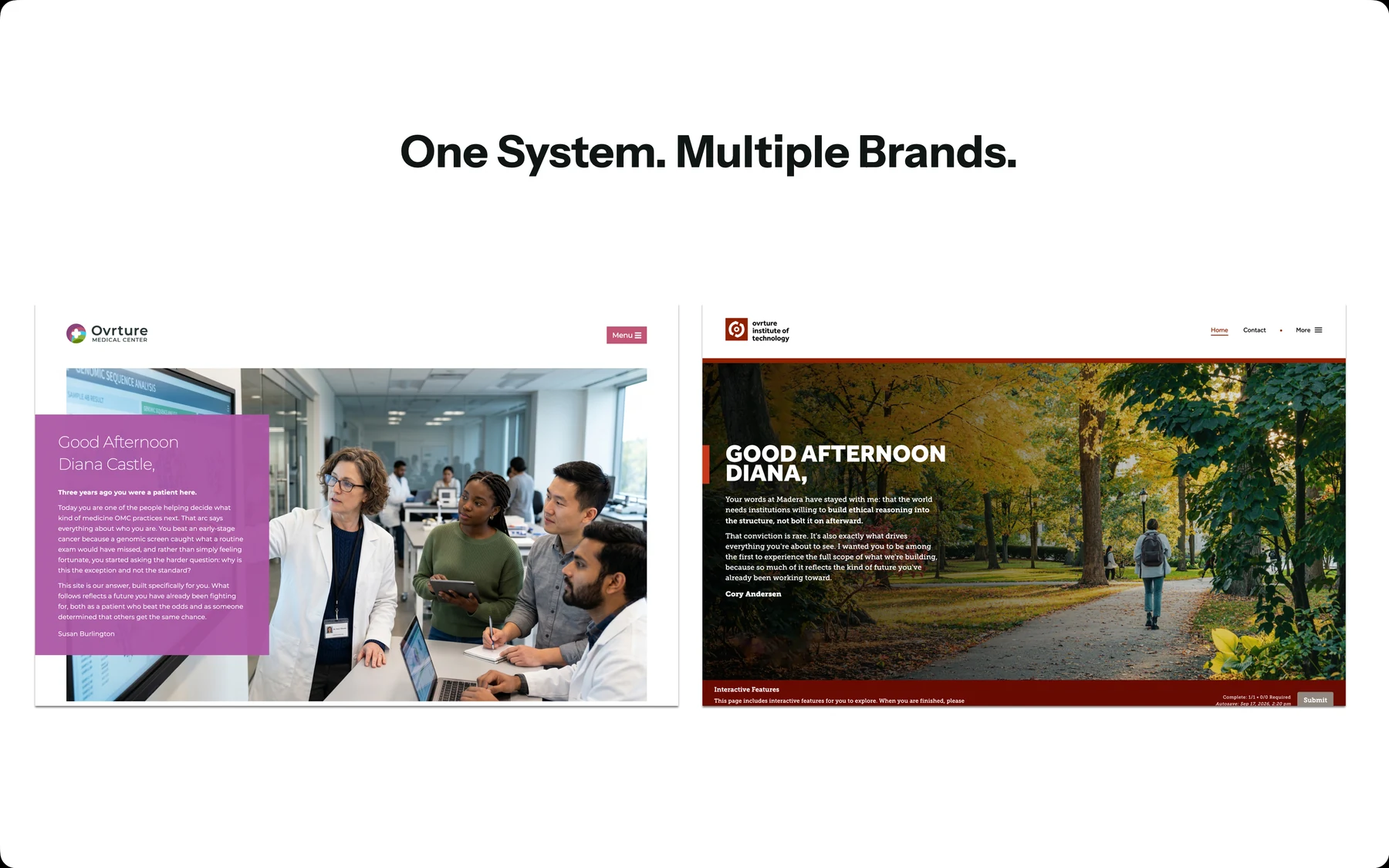 One System. Multiple Brands: two invented institutions, Ovrture Medical Center and Ovrture Institute of Technology, each with its own personalized donor microsite -- different marks and colors, same underlying report structure
