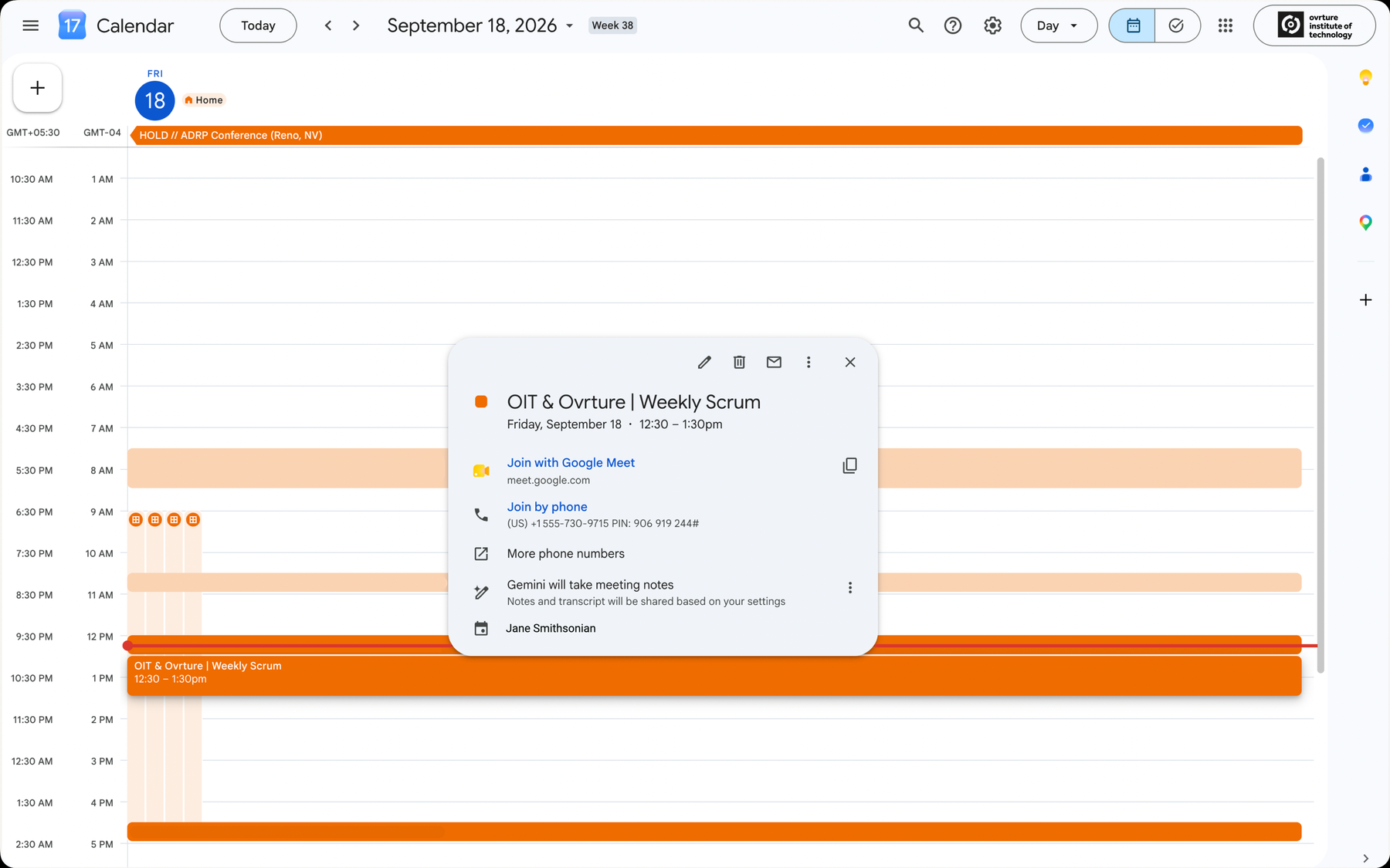 Google Calendar showing a recurring weekly scrum between Ovrture and a client's institute of technology, with a Google Meet link and dial-in number
