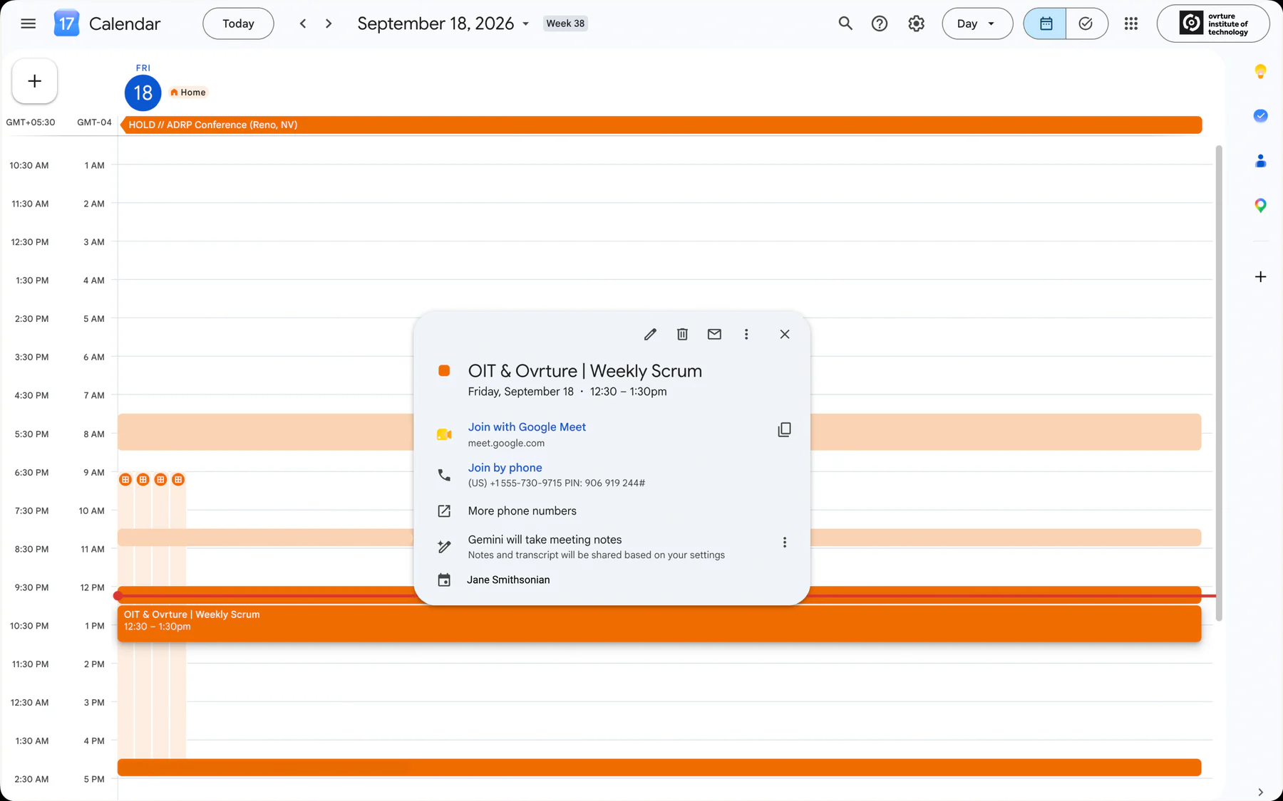 Google Calendar showing a recurring weekly scrum between Ovrture and a client's institute of technology, with a Google Meet link and dial-in number