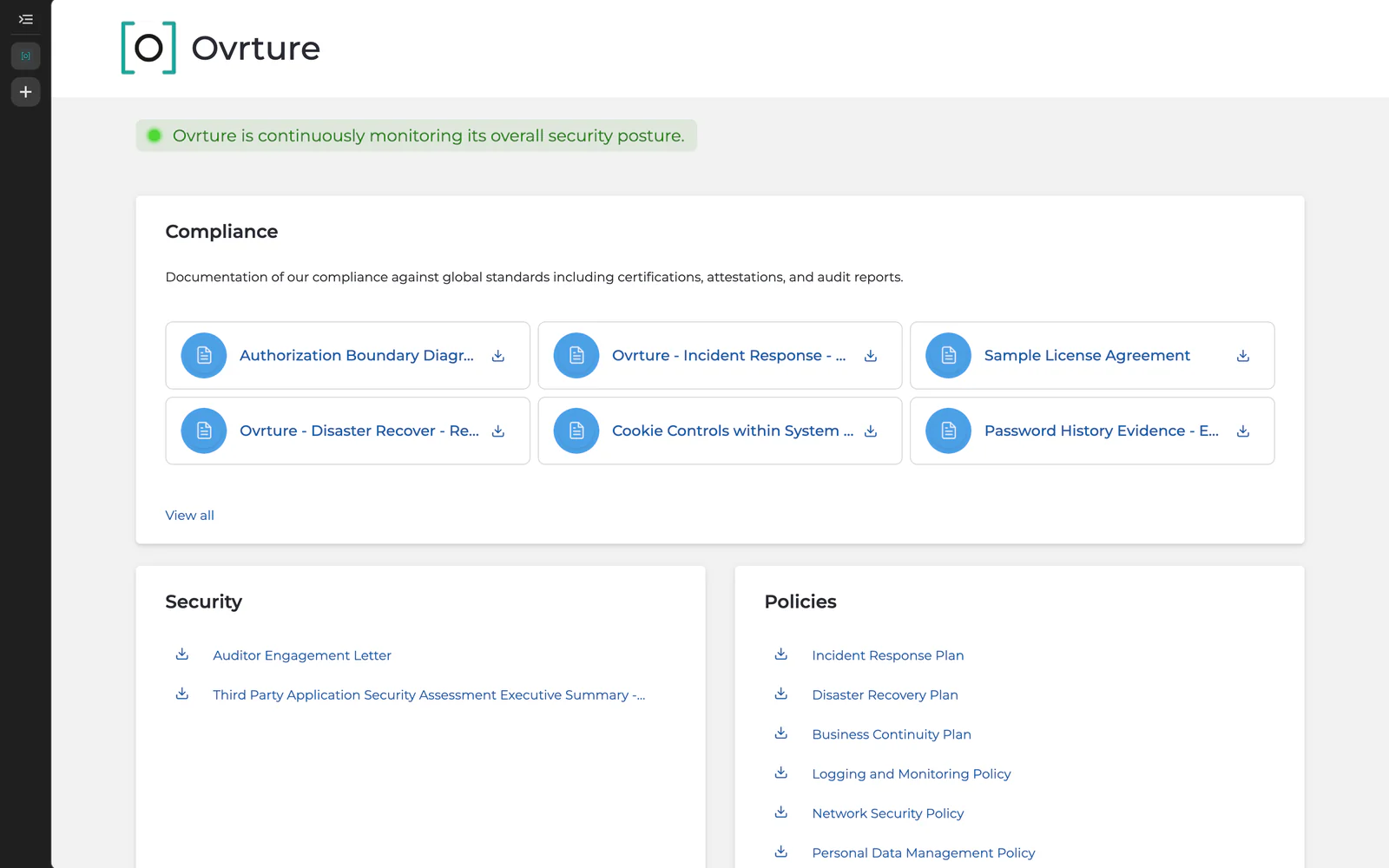 The Ovrture Trust Center landing view, showing the Compliance, Security and Policies document galleries.