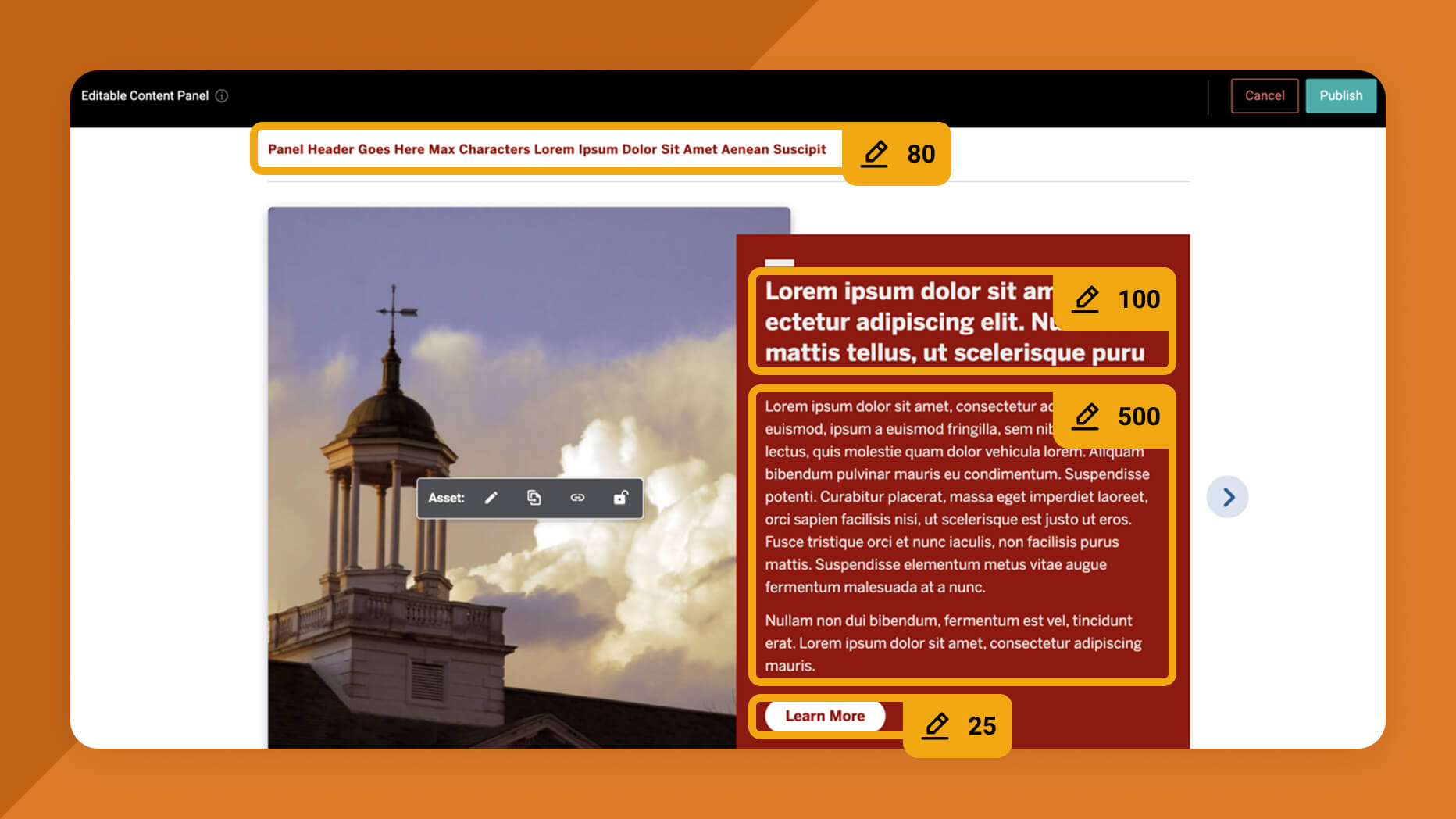Example of content panel WYSIWYG editor